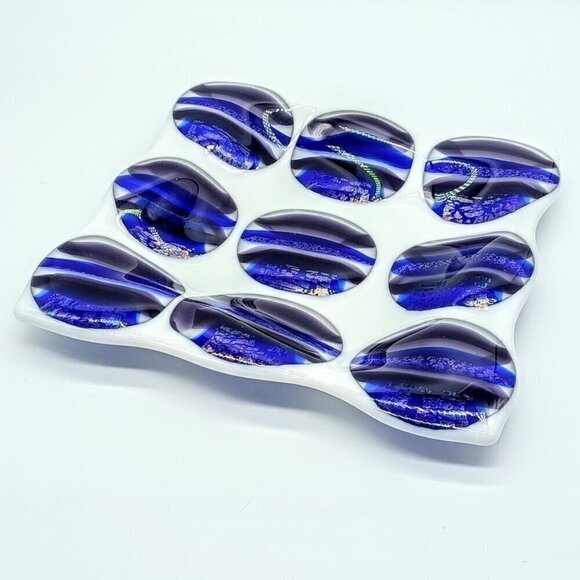 Cobalt Blue Purple Circle Print Square White Art Glass Dish - Picture 1 of 6